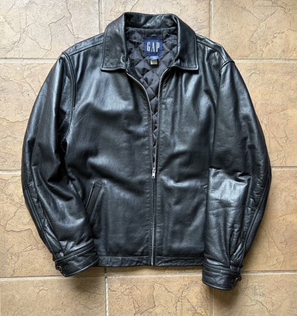 Vintage 90s GAP Black Genuine Leather Jacket Quilted Lined YKK Moto